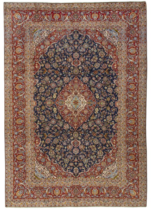 Full view of 2000s Kashan rug from Iran / Persia, 362 × 252 cm in Blue tones