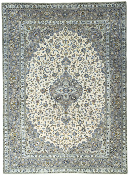 Full view of 2000s Kashan rug from Iran / Persia, 406 × 296 cm in Beige tones