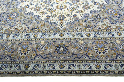 Full view of 2000s Kashan rug from Iran / Persia, 406 × 296 cm in Beige tones