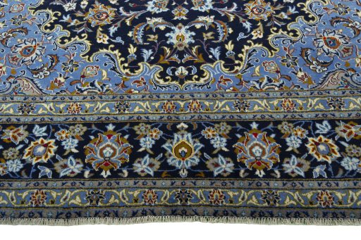 Full view of 2000s Kashan rug from Iran / Persia, 390 × 290 cm in Blue tones
