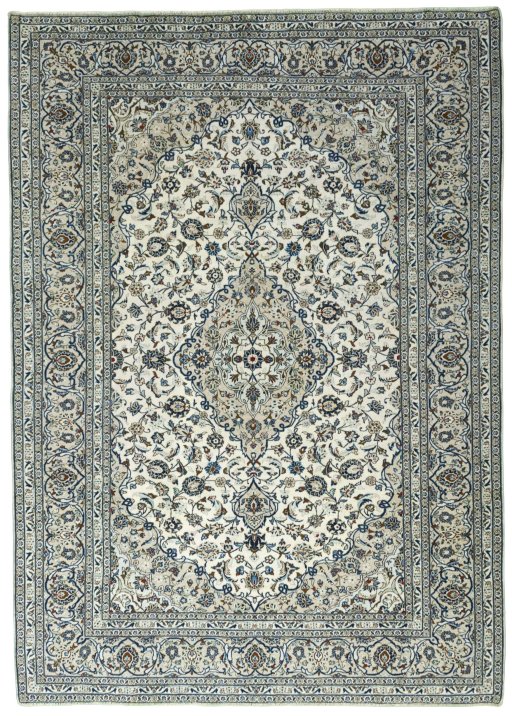 Full view of 2000s Kashan rug from Iran / Persia, 350 × 248 cm in Beige tones