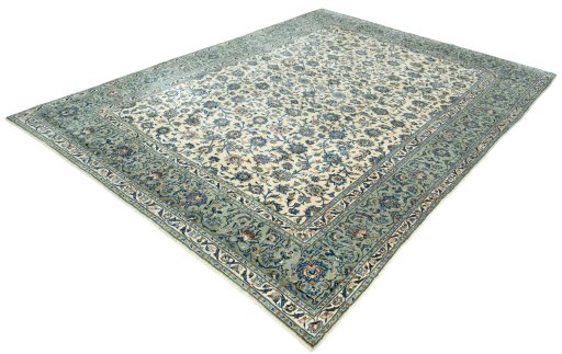 Corner detail of 2000s Kashan rug showing border pattern and Wool pile