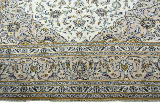 Full view of 2000s Kashan rug from Iran / Persia, 380 × 292 cm in Beige tones