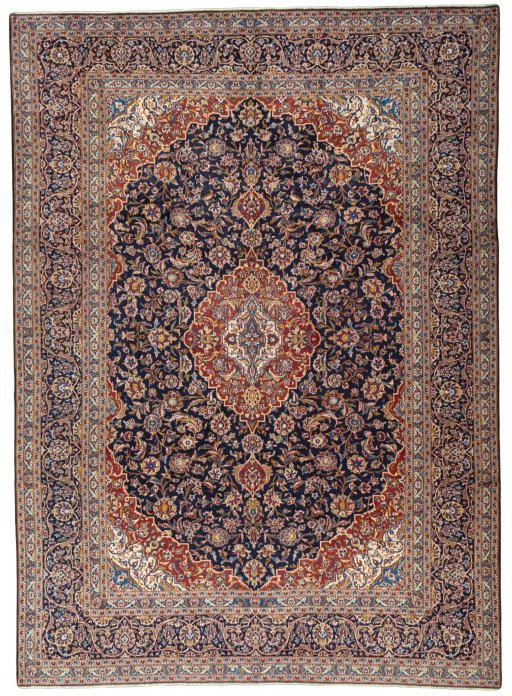 Full view of 2000s Kashan rug from Iran / Persia, 413 × 300 cm in Blue tones