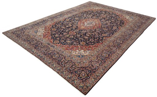 Corner detail of 2000s Kashan rug showing border pattern and Wool pile