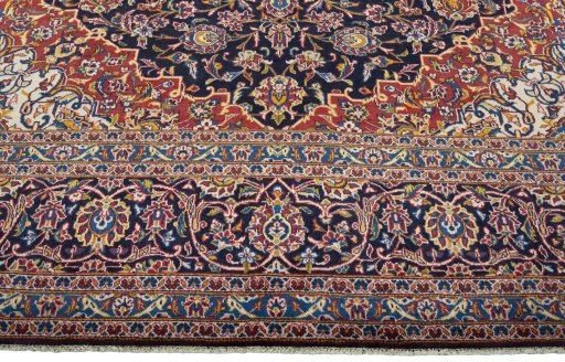 Full view of 2000s Kashan rug from Iran / Persia, 413 × 300 cm in Blue tones