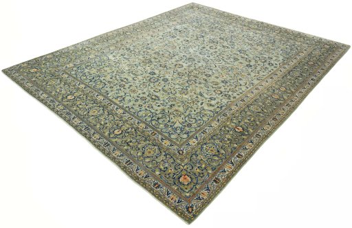 Corner detail of 2000s Kashan rug showing border pattern and Wool pile