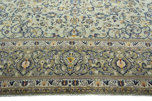 Full view of 2000s Kashan rug from Iran / Persia, 395 × 311 cm in Green tones