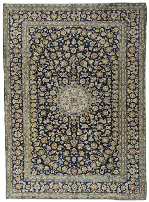 Full view of 2000s Kashan rug from Iran / Persia, 418 × 302 cm in Blue tones