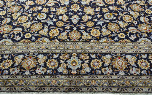 Full view of 2000s Kashan rug from Iran / Persia, 418 × 302 cm in Blue tones