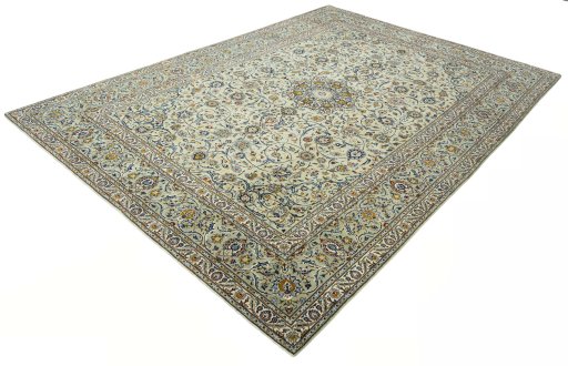 Corner detail of 2000s Kashan rug showing border pattern and Wool pile