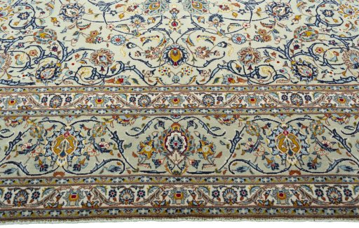 Full view of 2000s Kashan rug from Iran / Persia, 405 × 288 cm in Green tones