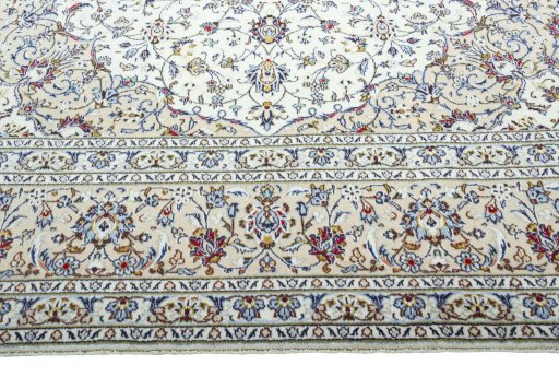 Full view of 2000s Kashan rug from Iran / Persia, 403 × 287 cm in Beige tones