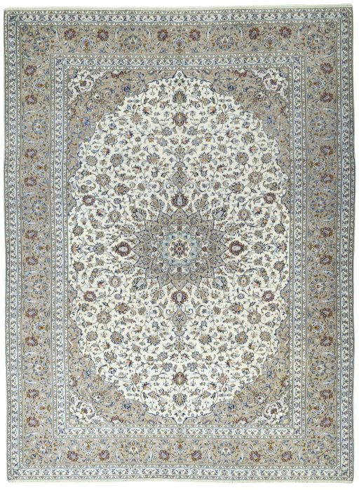 Full view of 2000s Kashan rug from Iran / Persia, 408 × 303 cm in Beige tones