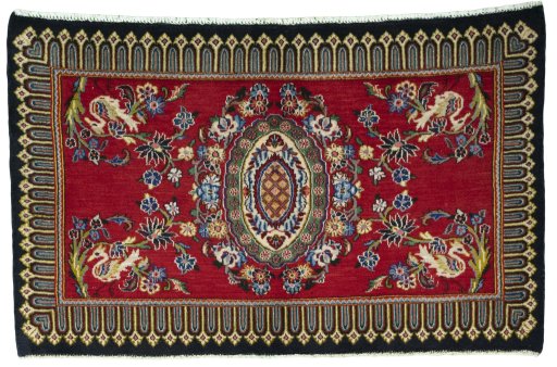Full view of New Kashan rug from Iran / Persia, 74 × 120 cm in Red tones