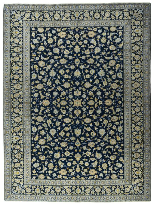 Full view of 1970s Kashan rug from Iran / Persia, 403 × 303 cm in Blue tones