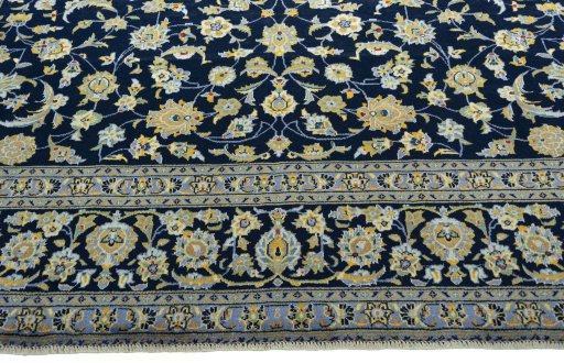 Full view of 1970s Kashan rug from Iran / Persia, 403 × 303 cm in Blue tones