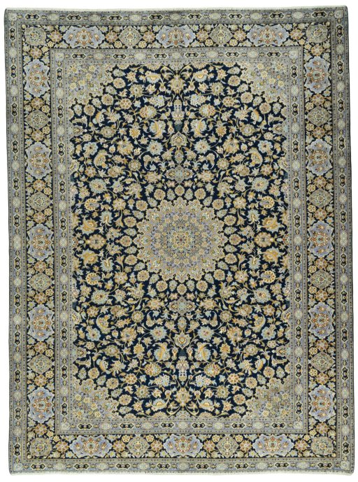 Full view of 2000s Kashan rug from Iran / Persia, 397 × 297 cm in Blue tones