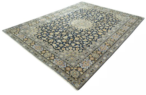 Corner detail of 2000s Kashan rug showing border pattern and Wool pile