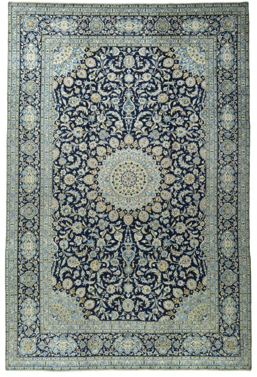 Full view of 2000s Kashan rug from Iran / Persia, 417 × 280 cm in Blue tones