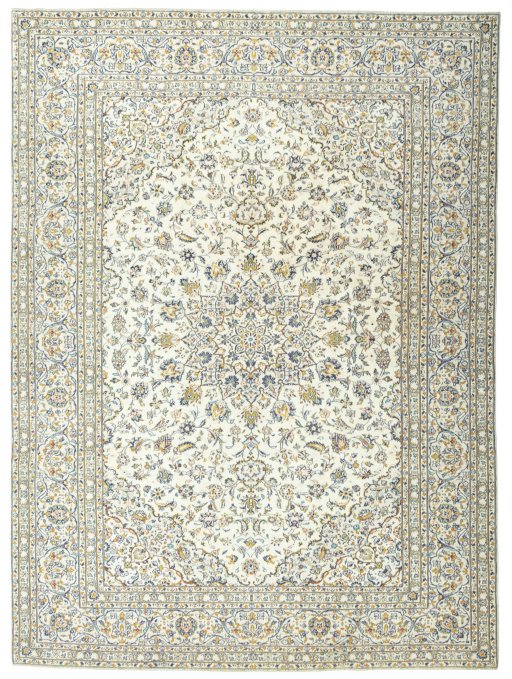 Full view of 2000s Kashan rug from Iran / Persia, 400 × 293 cm in Beige tones