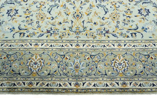Full view of 2000s Kashan rug from Iran / Persia, 387 × 276 cm in Green tones