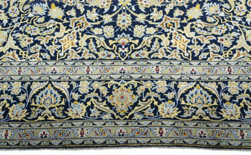 Full view of 1970s Kashan rug from Iran / Persia, 393 × 294 cm in Blue tones