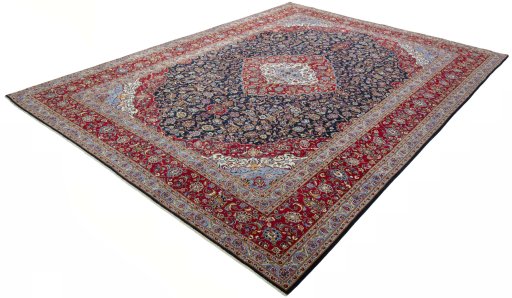 Corner detail of 2000s Kashan rug showing border pattern and Wool pile