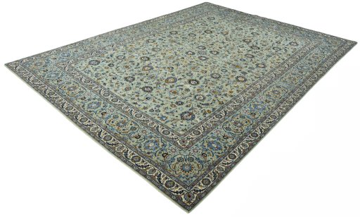 Corner detail of 2000s Kashan rug showing border pattern and Wool pile
