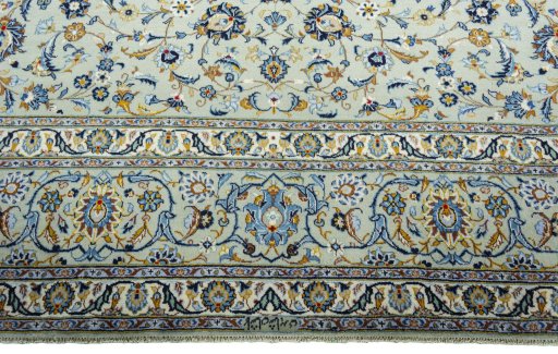 Full view of 2000s Kashan rug from Iran / Persia, 415 × 310 cm in Green tones