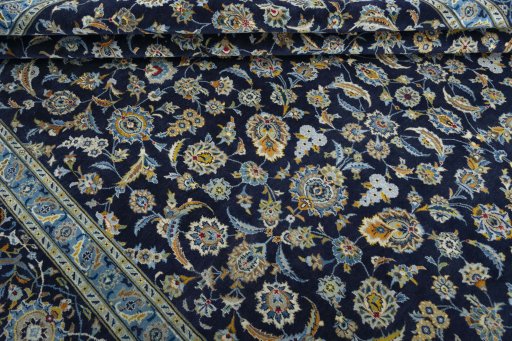 Full view of 2000s Kashan rug from Iran / Persia, 488 × 324 cm in Blue tones