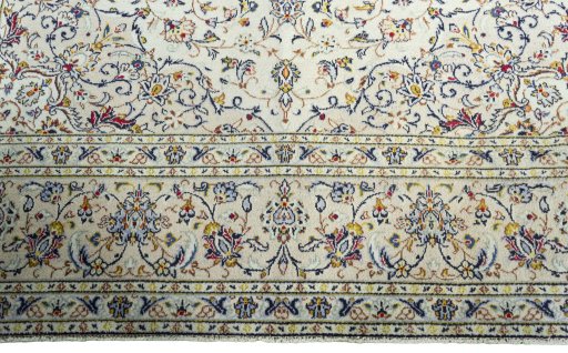 Full view of 1970s Kashan rug from Iran / Persia, 362 × 250 cm in Beige tones