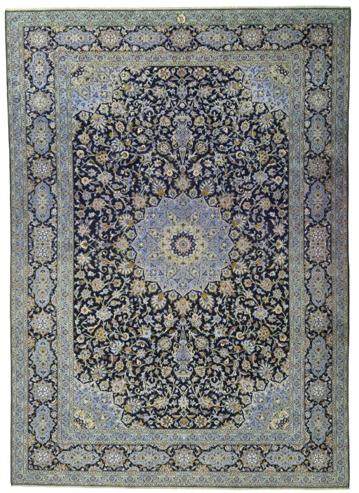 Full view of 2000s Kashan rug from Iran / Persia, 417 × 295 cm in Blue tones