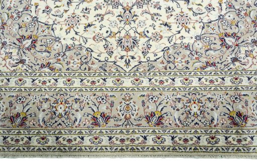 Full view of 2000s Kashan rug from Iran / Persia, 355 × 248 cm in Beige tones