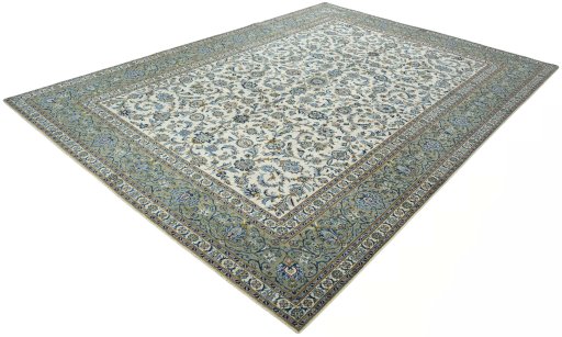 Corner detail of 2000s Kashan rug showing border pattern and Wool pile