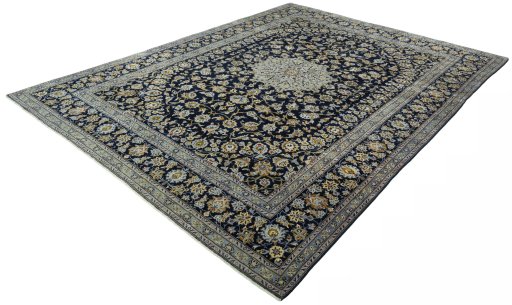 Corner detail of 2000s Kashan rug showing border pattern and Wool pile