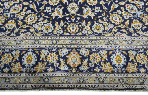 Full view of 2000s Kashan rug from Iran / Persia, 412 × 305 cm in Blue tones