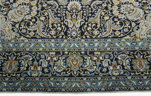 Full view of 2000s Kashan rug from Iran / Persia, 405 × 297 cm in Blue tones