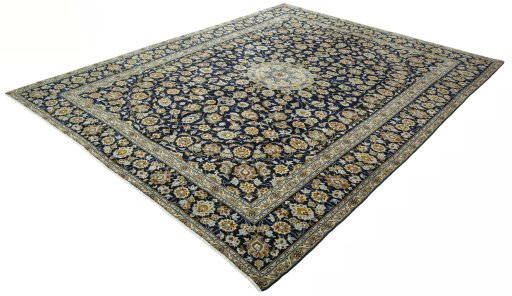 Corner detail of 2000s Kashan rug showing border pattern and Wool pile