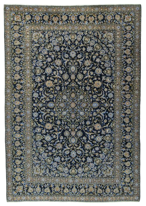 Full view of 2000s Kashan rug from Iran / Persia, 345 × 244 cm in Blue tones