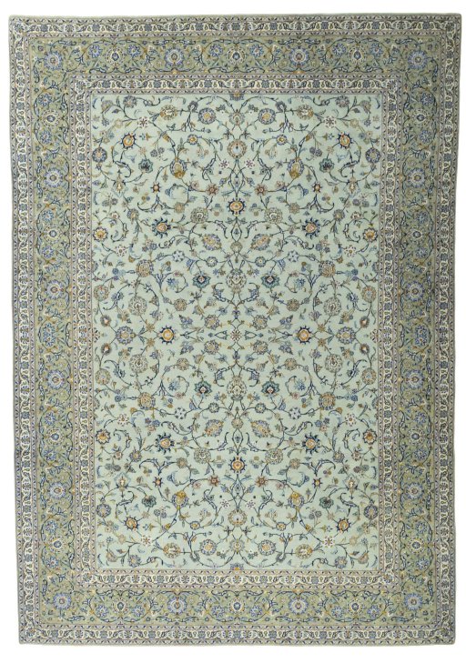 Full view of 1970s Kashan rug from Iran / Persia, 424 × 300 cm in Green tones