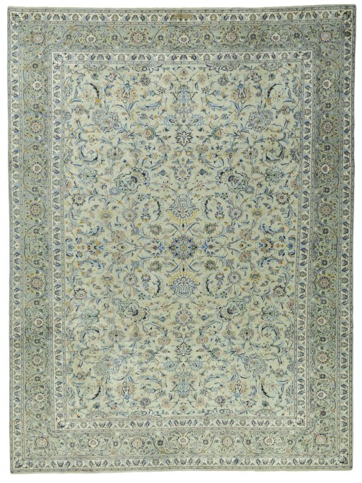 Full view of 1970s Kashan rug from Iran / Persia, 392 × 293 cm in Green tones