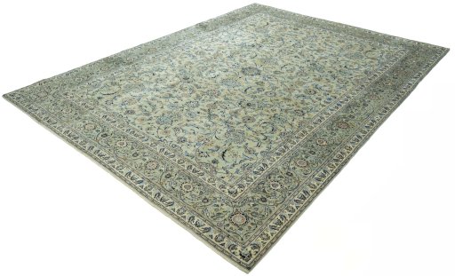 Corner detail of 1970s Kashan rug showing border pattern and Wool pile
