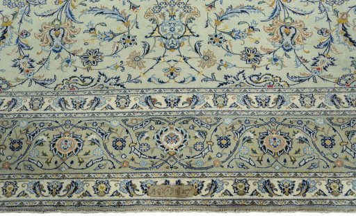 Full view of 1970s Kashan rug from Iran / Persia, 392 × 293 cm in Green tones