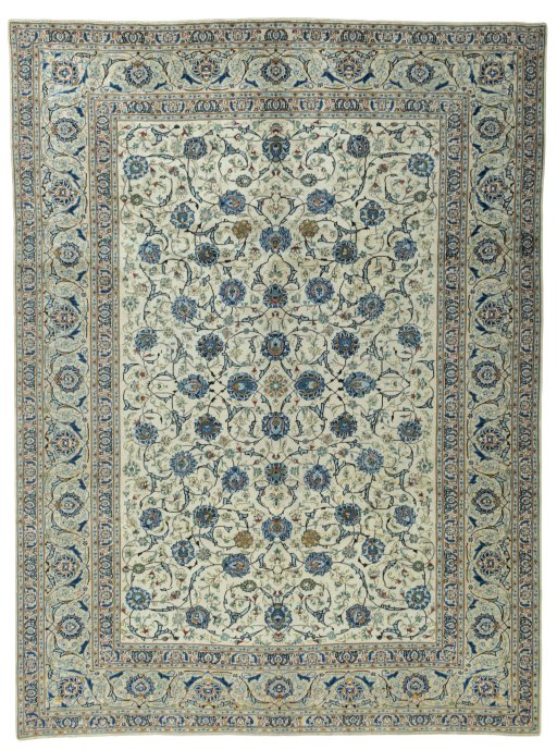 Full view of 2000s Kashan rug from Iran / Persia, 395 × 290 cm in Beige tones