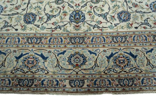Full view of 2000s Kashan rug from Iran / Persia, 395 × 290 cm in Beige tones