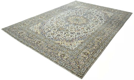 Corner detail of 2000s Kashan rug showing border pattern and Wool pile