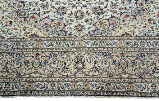 Full view of 2000s Kashan rug from Iran / Persia, 402 × 290 cm in Beige tones