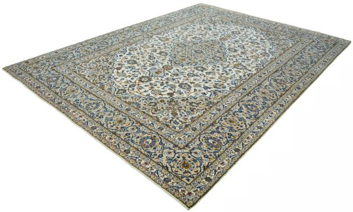 Corner detail of 2000s Kashan rug showing border pattern and Wool pile