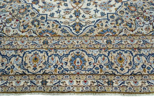 Full view of 2000s Kashan rug from Iran / Persia, 392 × 288 cm in Beige tones